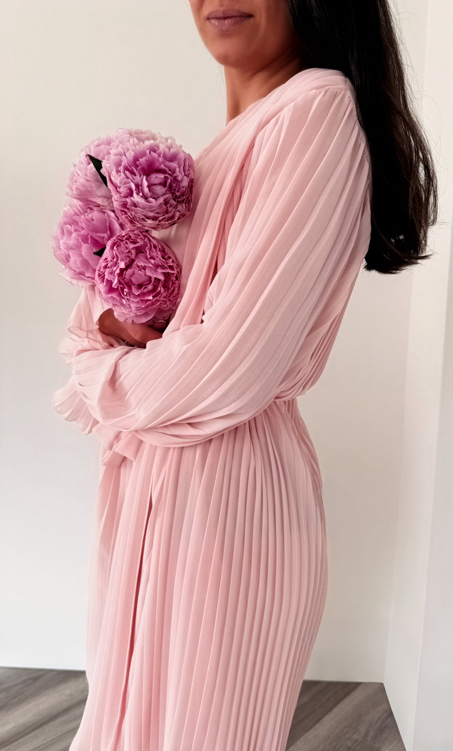 The Rosalie Pleated Dress in Blush Pink