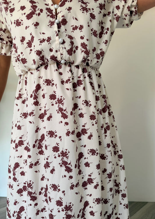 Amaris Midi Dress in Beige Floral