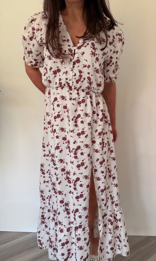 Amaris Midi Dress in Beige Floral