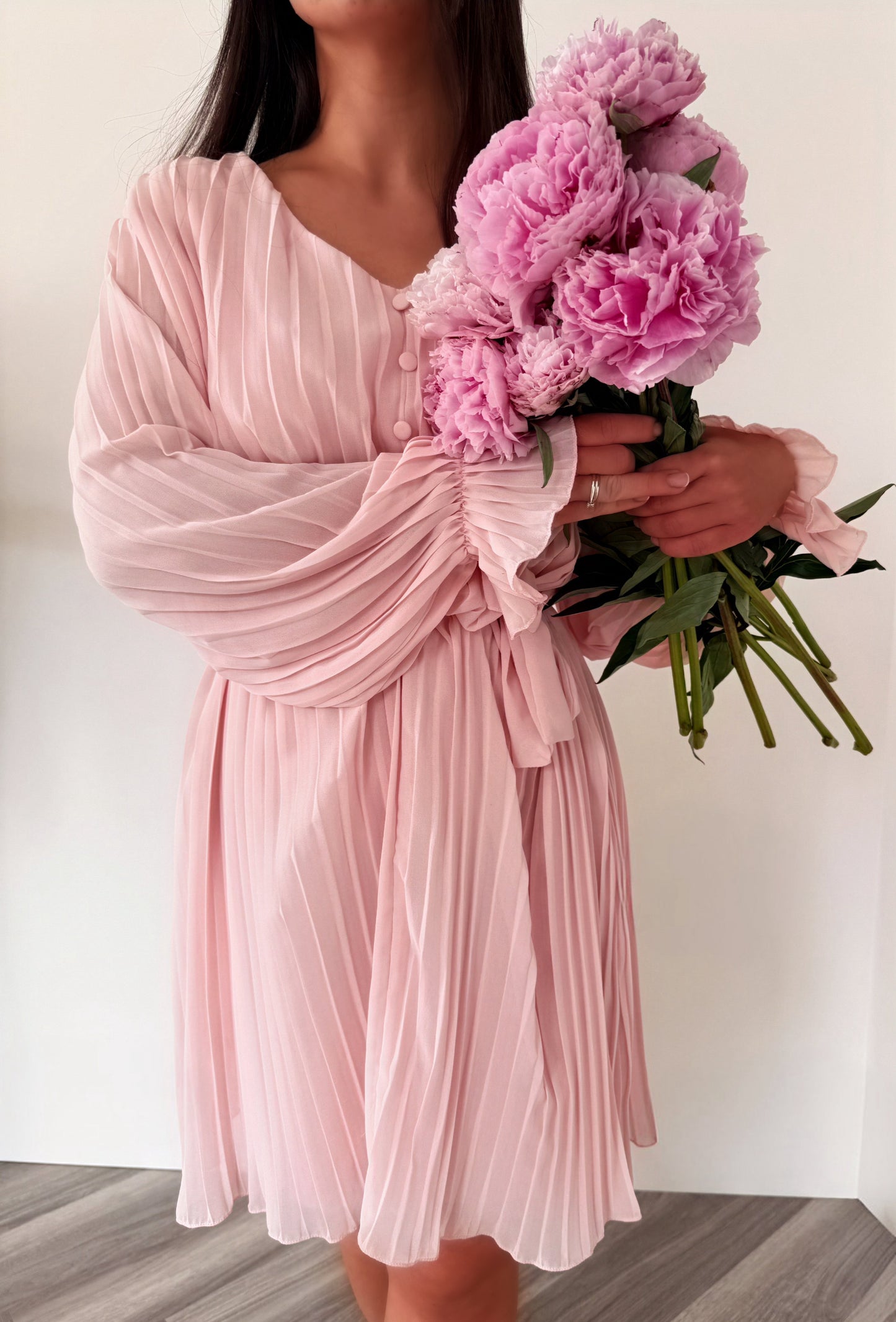 The Rosalie Pleated Dress in Blush Pink